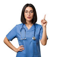 Nurse pointing up with a question mark isolated on transparent background