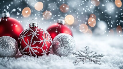 Snowy Scene with Red & Silver Christmas Ornaments, Snowflakes & Bokeh, Winter Christmas Atmosphere, Greeting Card & E-commerce Material