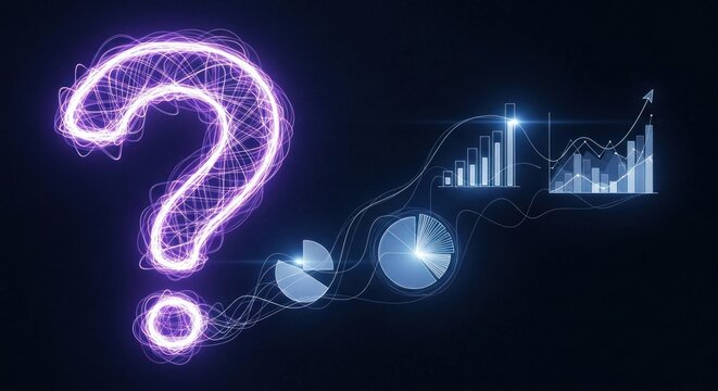 Glowing purple question mark intertwined with abstract financial charts graphs, for uncertainty, analysis, data, quest for business solutions growth