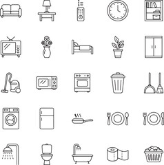 Collection of line art icons representing household items and furniture