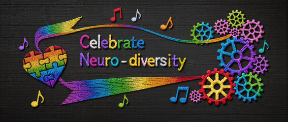 Celebrate neurodiversity, colorful concept for autism awareness and inclusion. Pride banner with rainbow heart, puzzle, and gear symbol