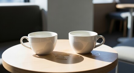 Fototapeta premium Two empty white ceramic coffee cups sitting on light wooden round table in bright, modern cafe setting, for conversation, break time, quiet reflection
