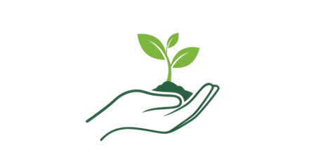 Sustainable development logo icon showing hand cradling a small sapling and soil isolated PNG with Transparent Background