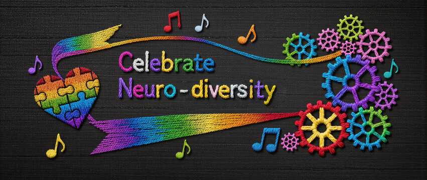 Celebrate neurodiversity, colorful concept for autism awareness and inclusion. Pride banner with rainbow heart, puzzle, and gear symbol