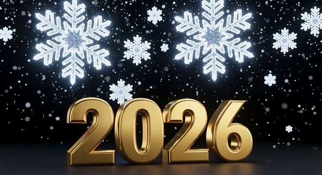 Golden 3d numbers of the year 2026 illuminated against a dark background with glowing white snowflakes falling gently