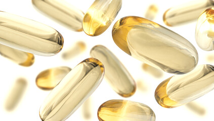 Yellow capsules levitate on a white background