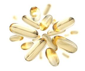 Yellow capsules levitate on a white background