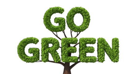 Sustainable message with lush green leaves forming 3D text reading "GO GREEN" symbol isolated PNG with Transparent Background