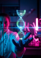 Human hand holding a blue glass DNA helix with light against a dark technology concept background