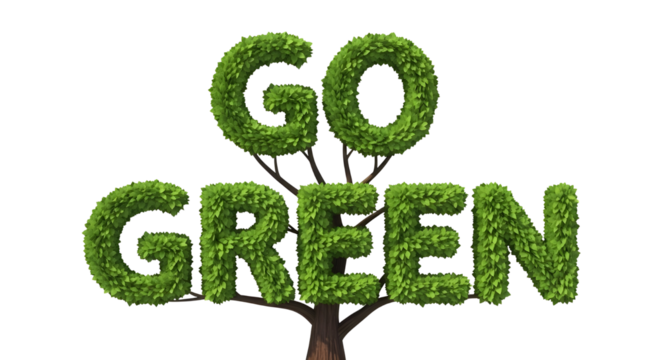 Sustainable message with lush green leaves forming 3D text reading "GO GREEN" symbol isolated PNG with Transparent Background