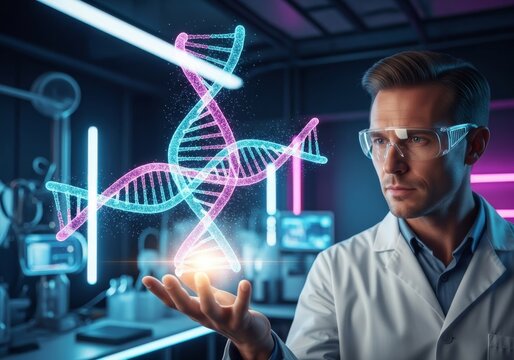 scientist with DNA molecule touches a virtual tech interface on a screen for future digital connection