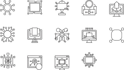 Collection of technology and computer science icons in a line art style