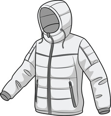 “Technical hooded winter jacket illustration, quilted fashion sketch, insulated apparel template, clothing construction drawing, vector outerwear design mockup”