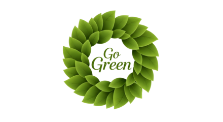 Go Green ecology and environment text in circular green leaves wreath logo design isolated PNG with Transparent Background