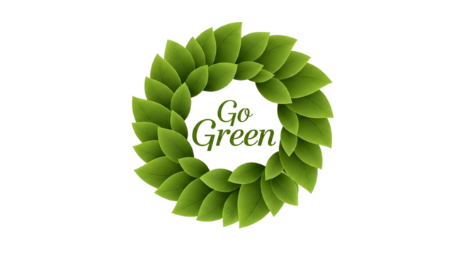 Go Green ecology and environment text in circular green leaves wreath logo design isolated PNG with Transparent Background