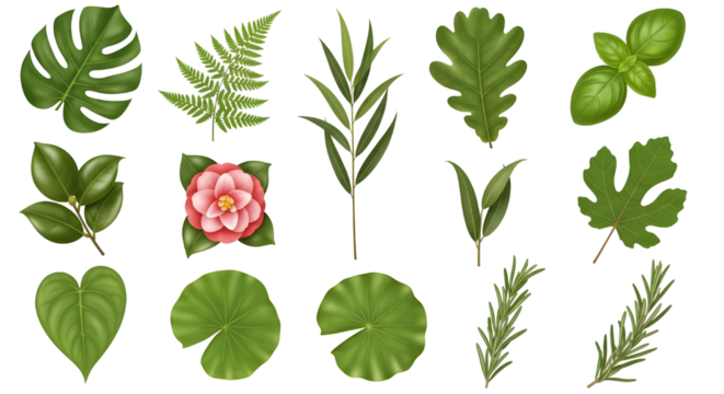 Collection of realistic green plant leaves and foliage elements for decorative graphic design isolated PNG with Transparent Background