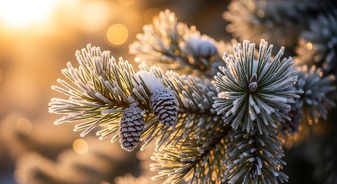 Close up of frosted pine needles and cones on a branch illuminated by warm golden sunlight in winter