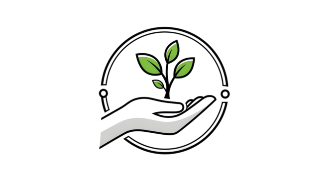 Nature conservation logo design showing hand protecting a growing green plant sprout icon isolated PNG with Transparent Background