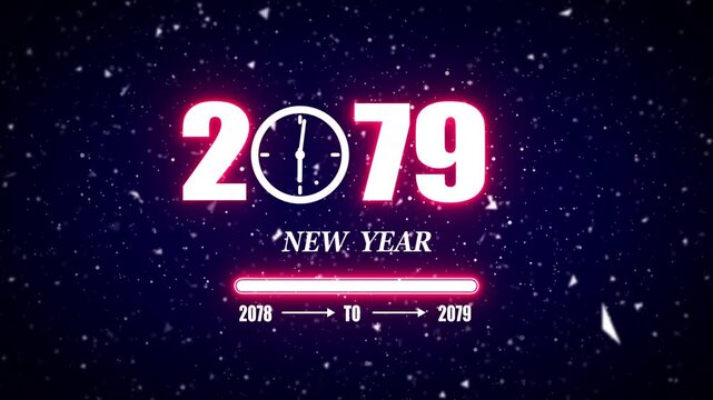 New year 2079 festive greeting text animated with particle background.Loading complete from 2078 to 2079.Timer count new year concept
