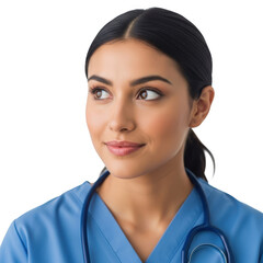 Young female healthcare professional with stethoscope isolated on transparent background