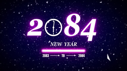 New year 2084 festive greeting text animated with particle background.Loading complete from 2083 to 2084.Timer count new year concept