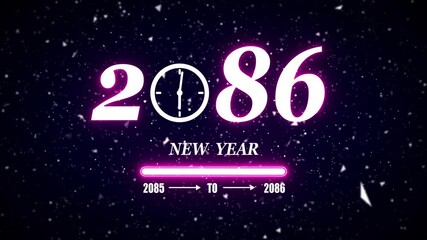 New year 2086 festive greeting text animated with particle background.Loading complete from 2085 to 2086.Timer count new year concept