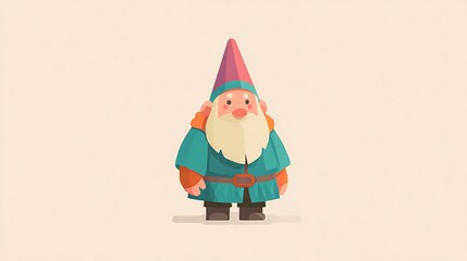 Charming cartoon garden gnome character with a long white beard and pointy pink hat, designed in a simple flat illustration style