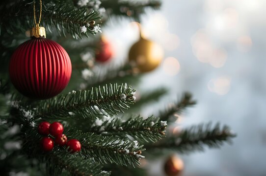 Close up of a festive christmas tree branch adorned with a shiny red bauble and red berries with soft bokeh background