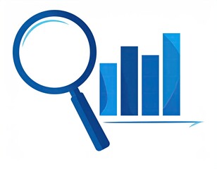 Magnifying glass examines rising blue bar graph