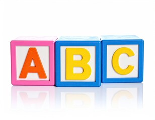 ABC blocks, pink, blue; letters A, B, C in bright colors