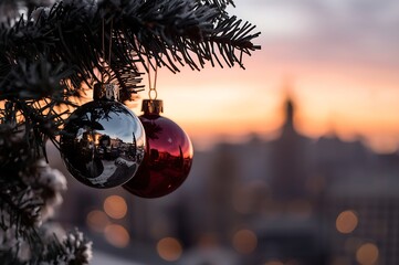 Two festive christmas ornaments hang from a snow dusted evergreen branch against a warm glowing sunset sky with a blurred cityscape in the background