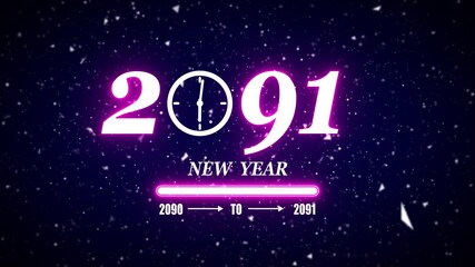 New year 2091 festive greeting text animated with particle background.Loading complete from 2090 to 2091.Timer count new year concept