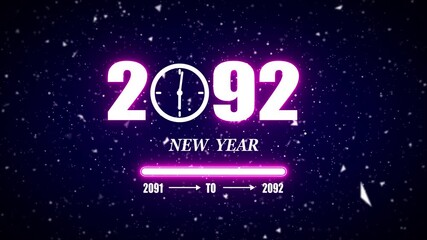 New year 2092 festive greeting text animated with particle background.Loading complete from 2091 to 2092.Timer count new year concept