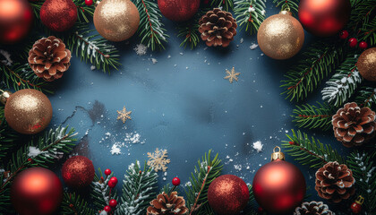 Creative flat lay layout made of lush green Christmas tree branches decorated 