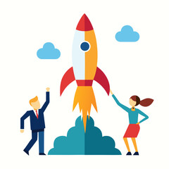 Business Team Launching Rocket for Startup Success 