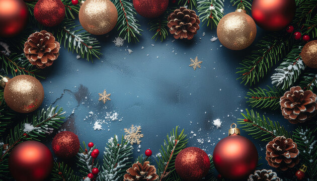 Creative flat lay layout made of lush green Christmas tree branches decorated 