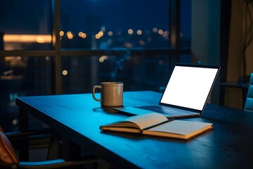 Laptop and steaming coffee mug on dark table with city lights at night hot drink notebook