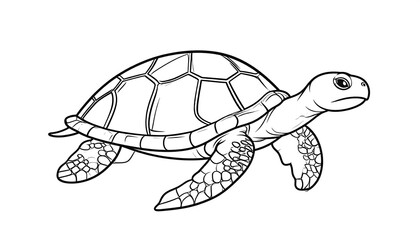 Black and white turtle line art drawing. Shell, neck, and flippers visible. Isolated on white. Minimalist