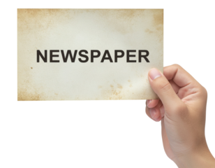 A hand holds a weathered card displaying the word "NEWSPAPER" prominently, symbolizing news media and communication.