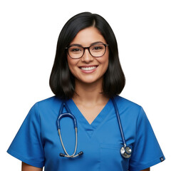 Smiling female doctor in blue scrubs with stethoscope isolated on transparent background