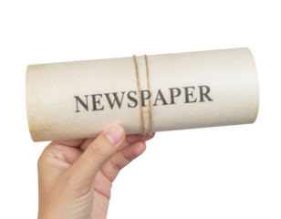 A rolled newspaper held in a hand, secured with twine, showcasing its title prominently.