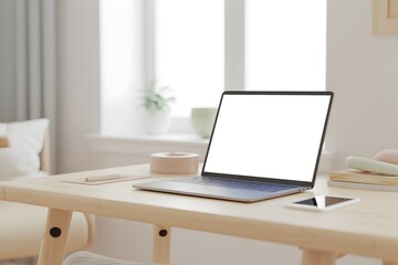 Open laptop and tablet on a light wood desk with window background image