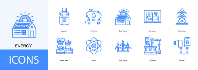 energy icon collection set. Containing capacitor, Oil Tanker, Solar Energy, Generator, electric tower, nuclear plant, Atomic icon