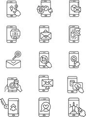 Fototapeta premium Vector of set of outline icons for mobile app and communication features