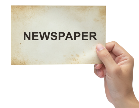 A hand holds a weathered card displaying the word "NEWSPAPER" prominently, symbolizing news media and communication.