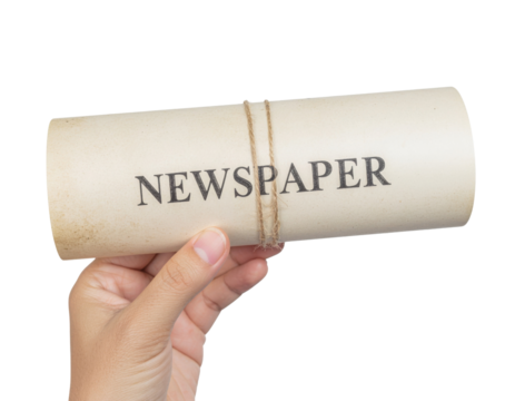 A rolled newspaper held in a hand, secured with twine, showcasing its title prominently.