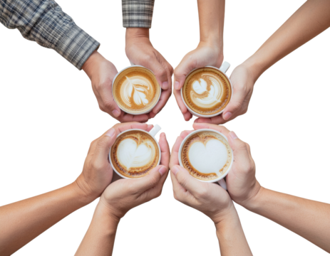 A group of hands holding coffee cups, showcasing artistic latte art with heart designs, symbolizing friendship and connection.