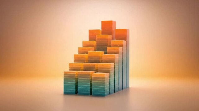 A descending bar graph with orange tops and blue bottoms on a gradient orange background space for text