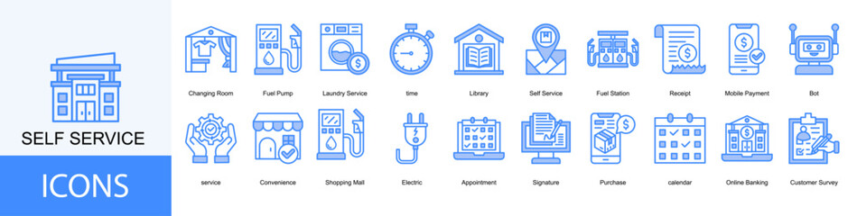 self service icon collection set. Containing Changing Room, Fuel Pump, Laundry Service, time, Library icon