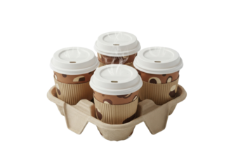 Four coffee cups in a cardboard holder, featuring a patterned design and white lids.